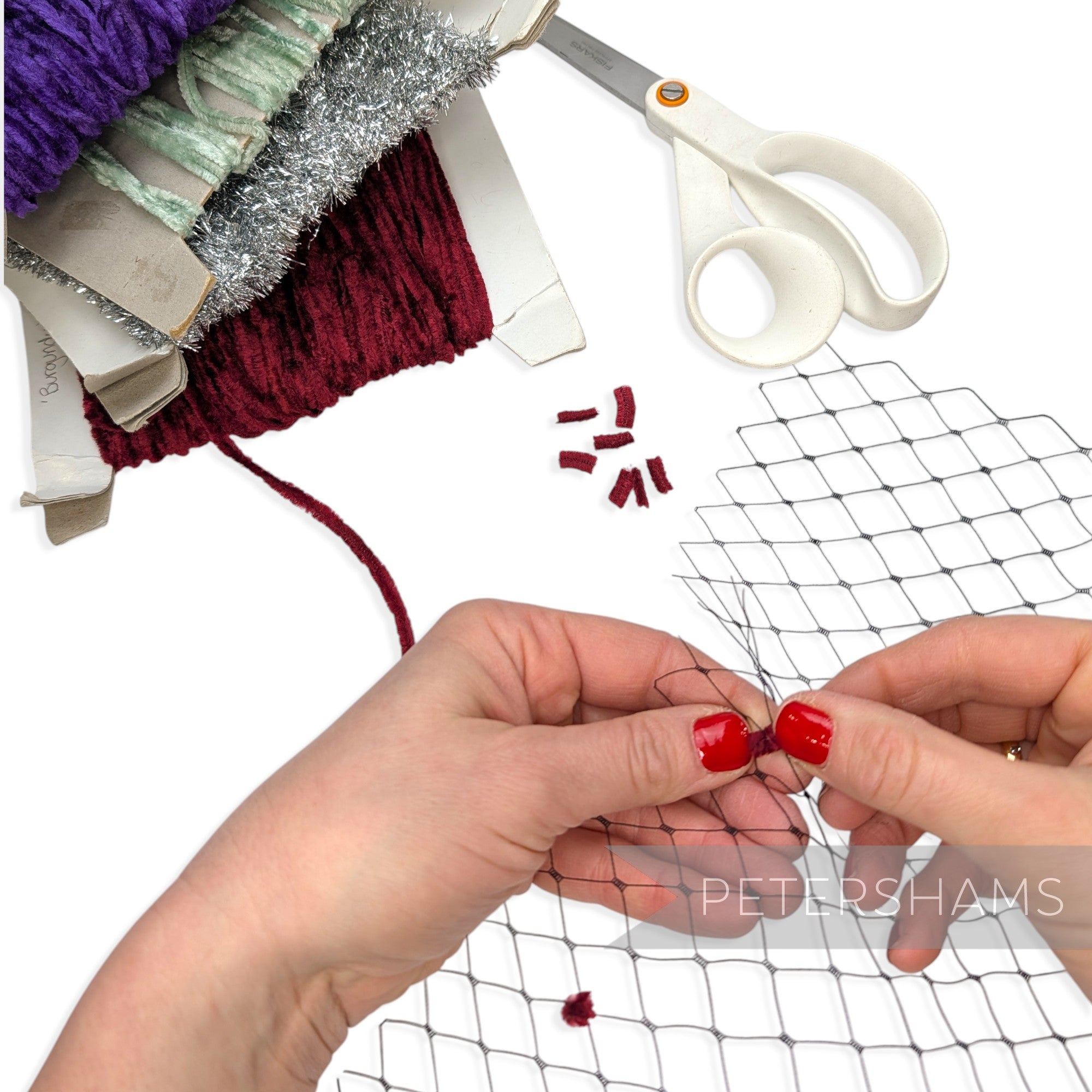 Petershams Millinery Supplies vintage chenille wire being attached to black veiling to create decorative dots