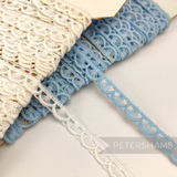 Petershams Millinery Supplies vintage 9mm cotton guipure lace trim with a fan pattern in cream and light blue