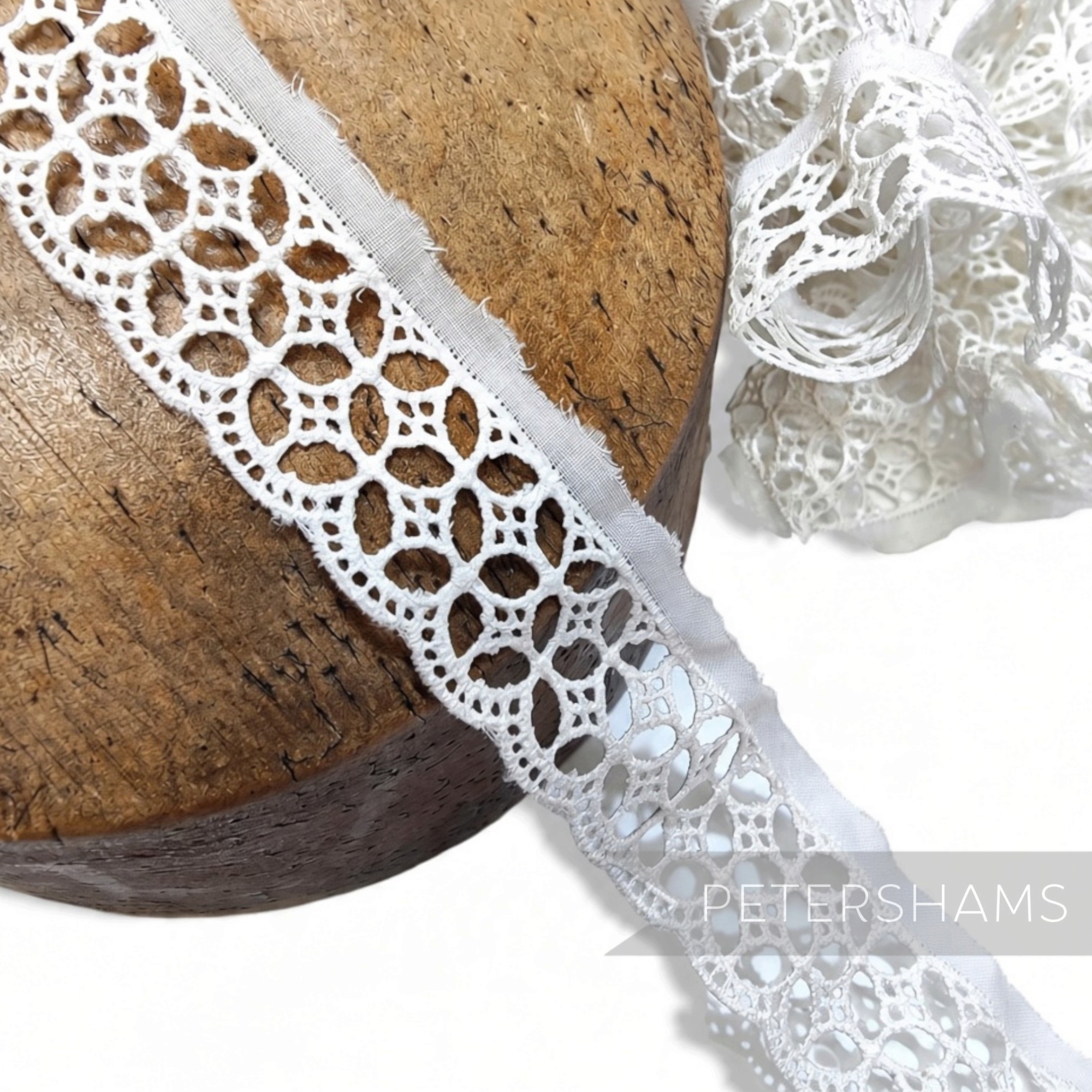 Petershams Millinery Supplies vintage 1950s off-white cotton Nottingham guipure lace trim with scalloped edge