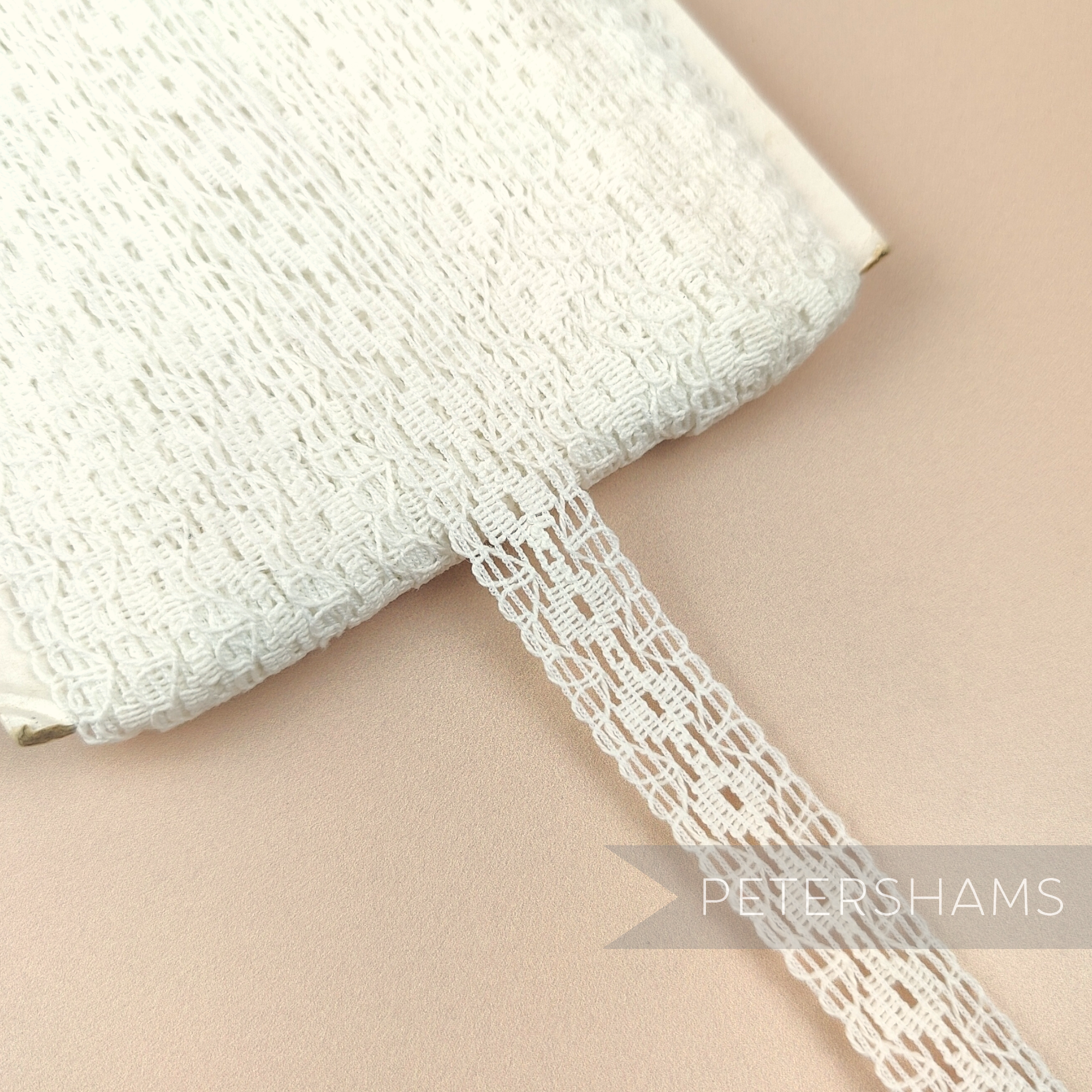 Petershams Millinery Supplies 15mm off-white vintage 1990s straight flower cotton blend lace trim on a spool