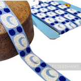 Petershams Millinery Supplies vintage 26mm blue and white woven cotton ribbon with a textured bubbly pattern