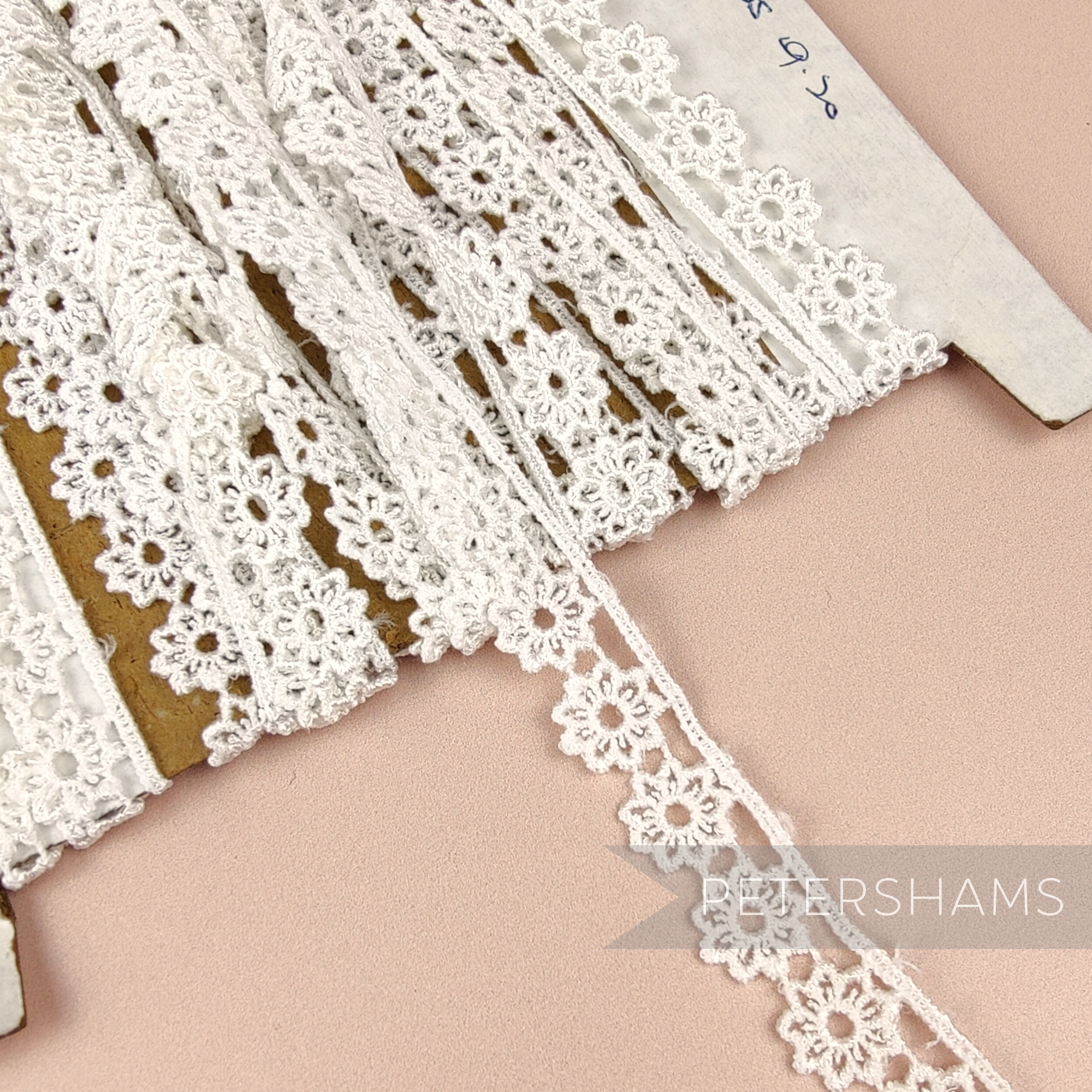 Petershams Millinery Supplies vintage 14mm off-white guipure lace trim featuring a delicate dahlia flower pattern