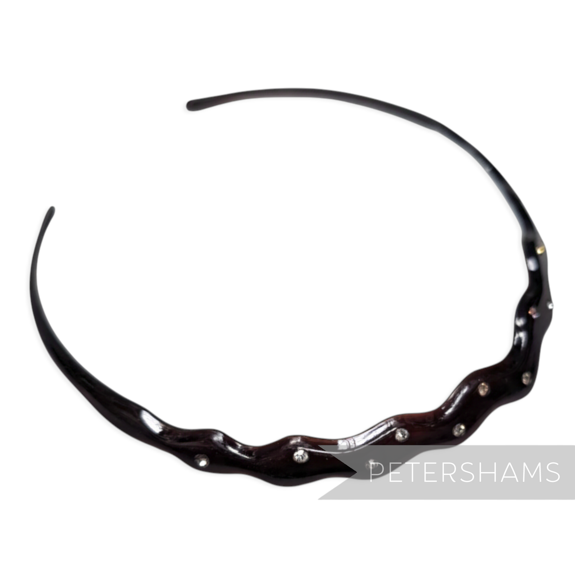 Petershams Millinery Supplies dark brown plastic headband with wavy design and scattered diamantes, 1980s vintage style.