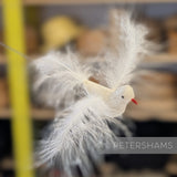Petershams Millinery Supplies vintage white marabou feather bird ornament with a small red beak on a wired stem
