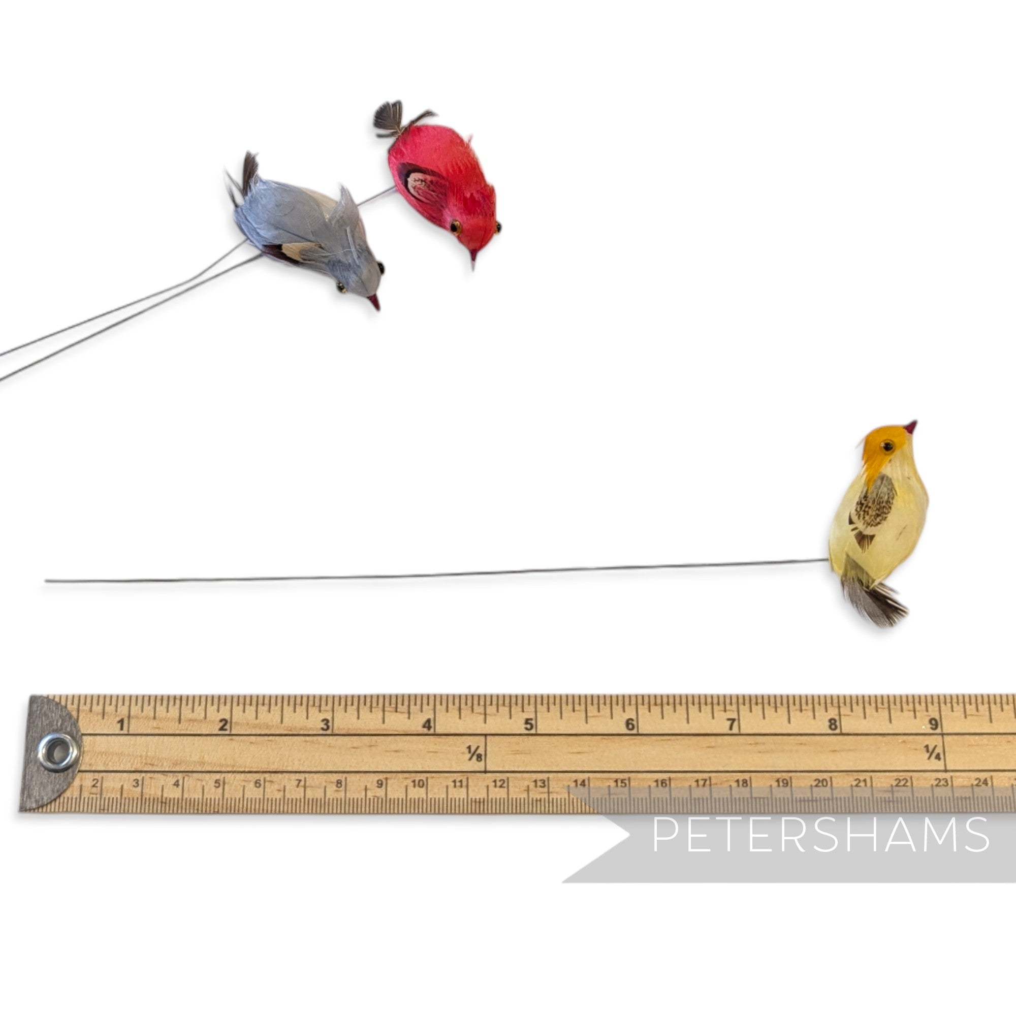 Petershams Millinery Supplies vintage wired feather birds in red, grey, and yellow for millinery and craft projects.
