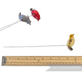 Petershams Millinery Supplies vintage wired feather birds in red, grey, and yellow for millinery and craft projects.