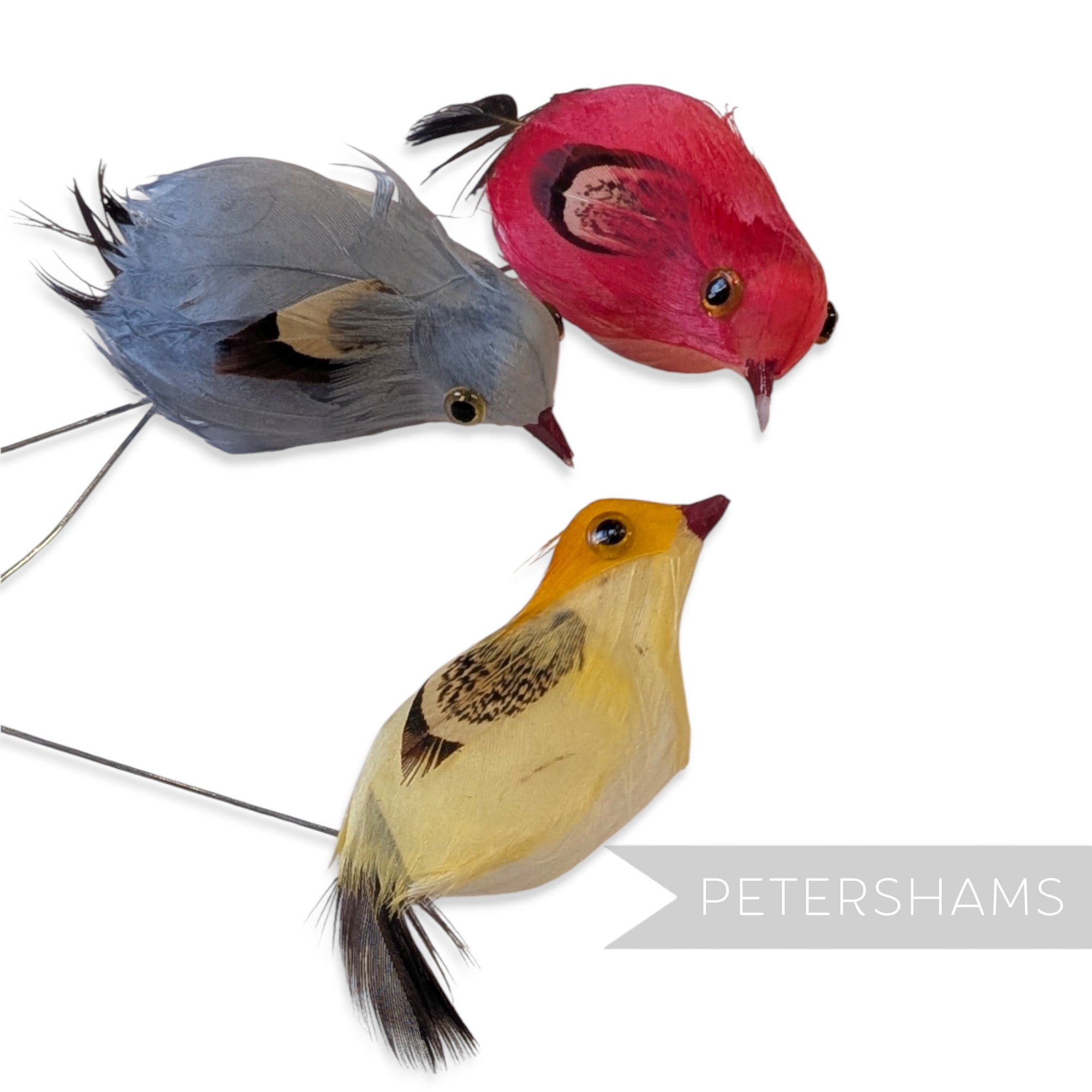 Petershams Millinery Supplies vintage 1950s style wired feather birds in red, grey, and yellow for millinery crafts.