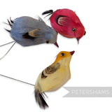 Petershams Millinery Supplies vintage 1950s style wired feather birds in red, grey, and yellow for millinery crafts.