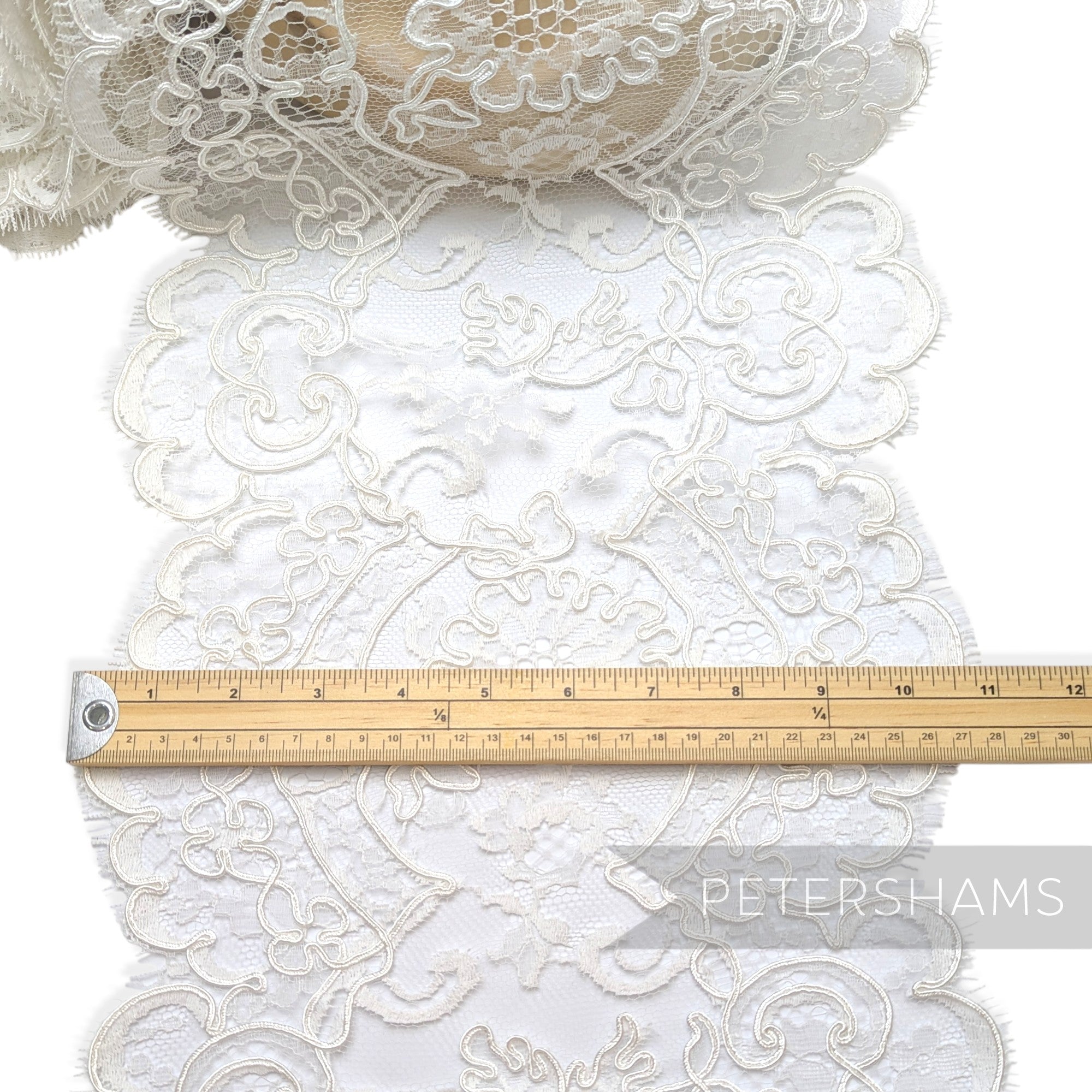 Petershams Millinery Supplies 24cm wide vintage 1980s white floral bridal lace with double scalloped eyelash edges