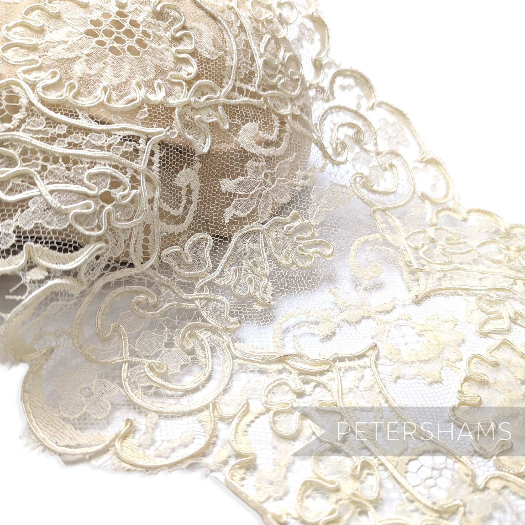 Petershams Millinery Supplies 1980s vintage floral lace trim with silky cords and double scallop eyelash edges