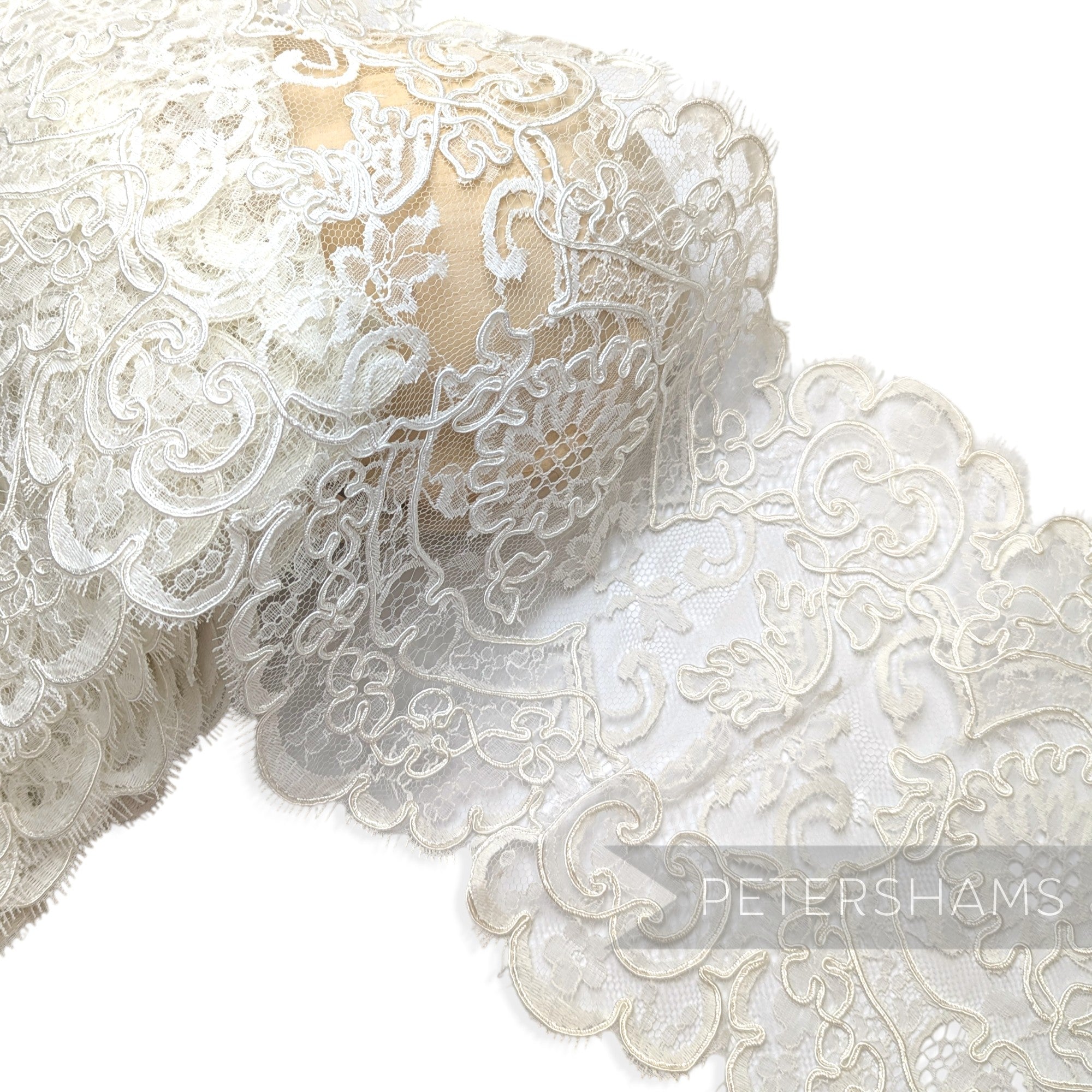 Petershams Millinery Supplies 1980s vintage white floral bridal lace trim with double scalloped eyelash edges