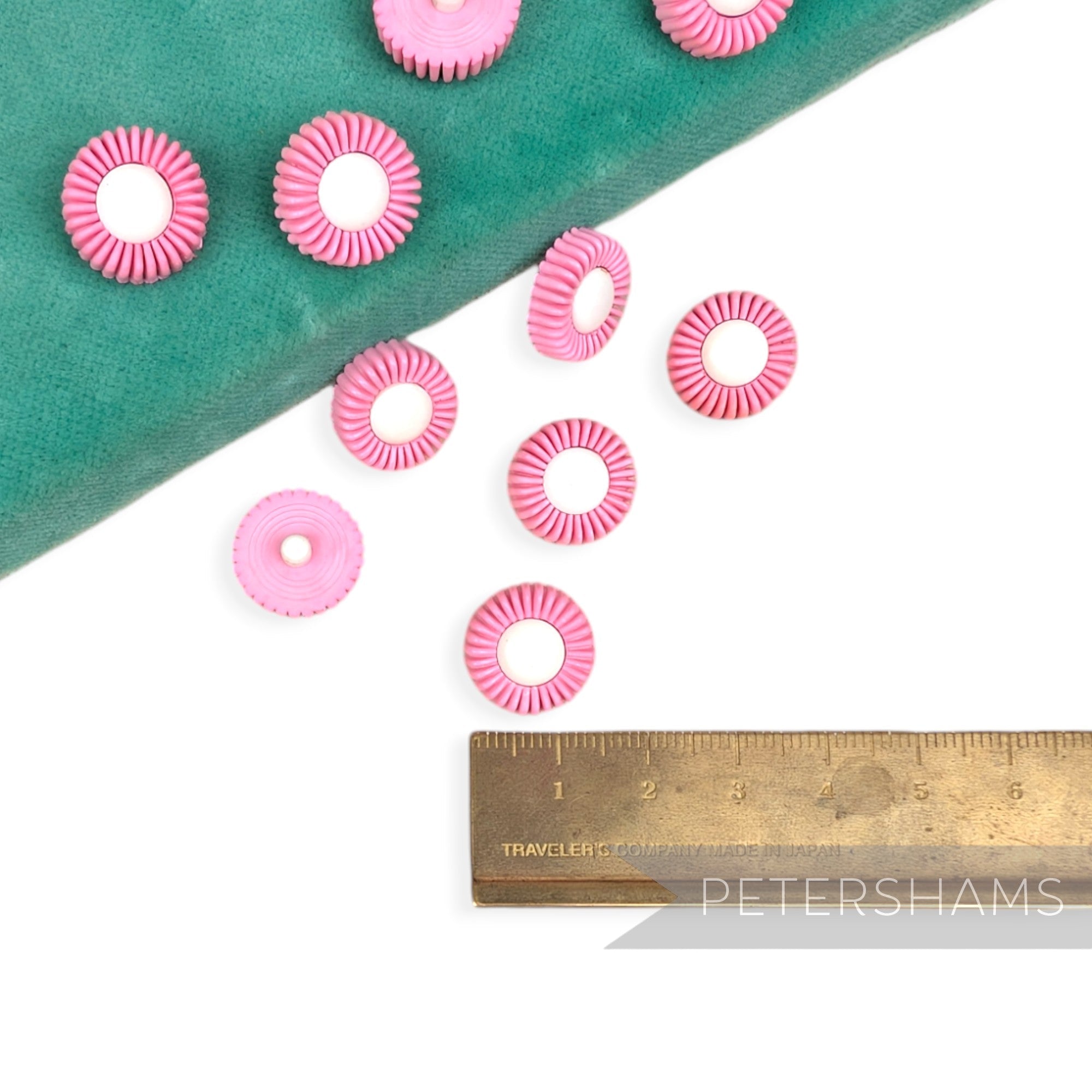 Petershams Millinery Supplies vintage 1960s pink and white mini flower shank buttons measuring 14mm