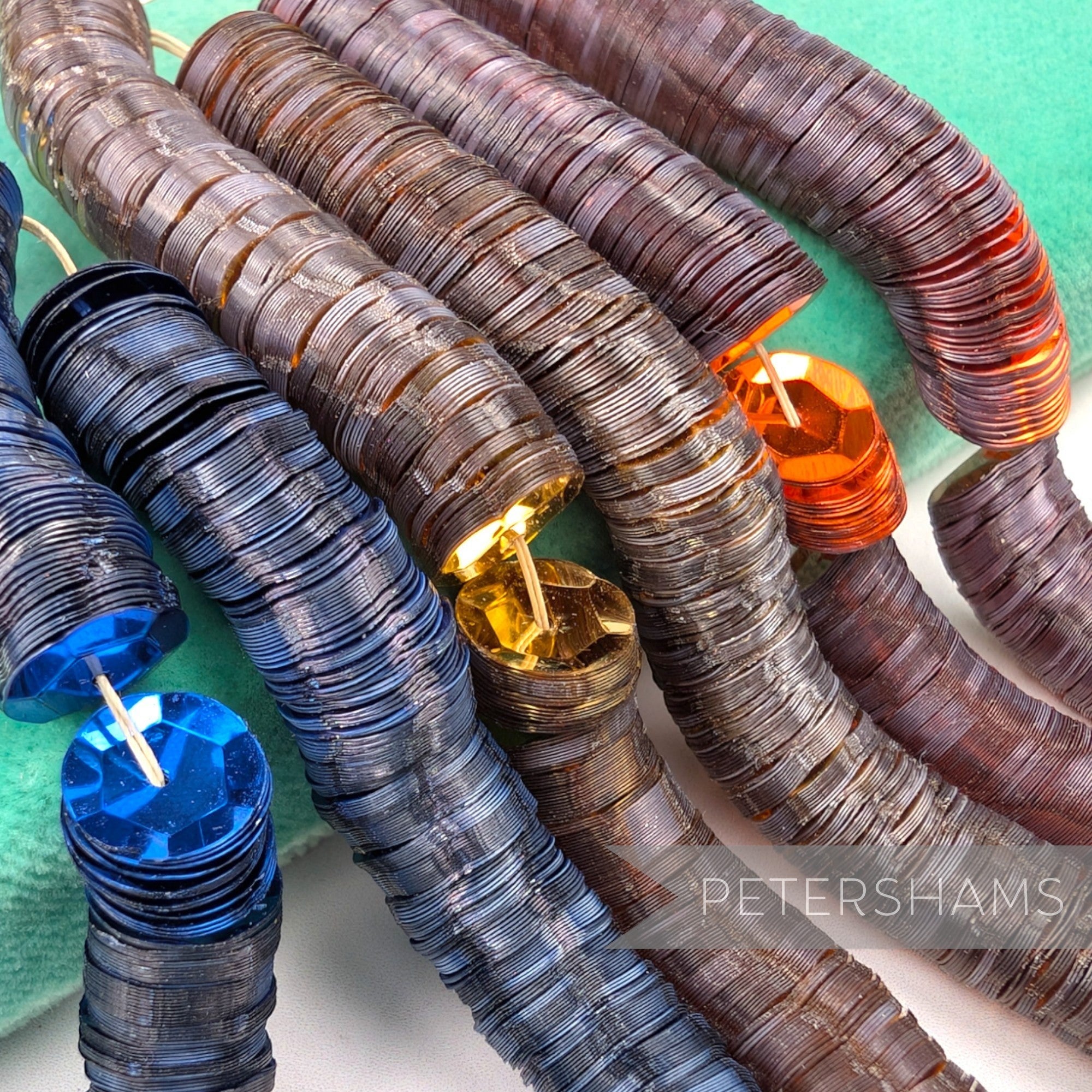 Petershams Millinery Supplies vintage 10mm cupped sequins on strings in assorted metallic and vibrant colours