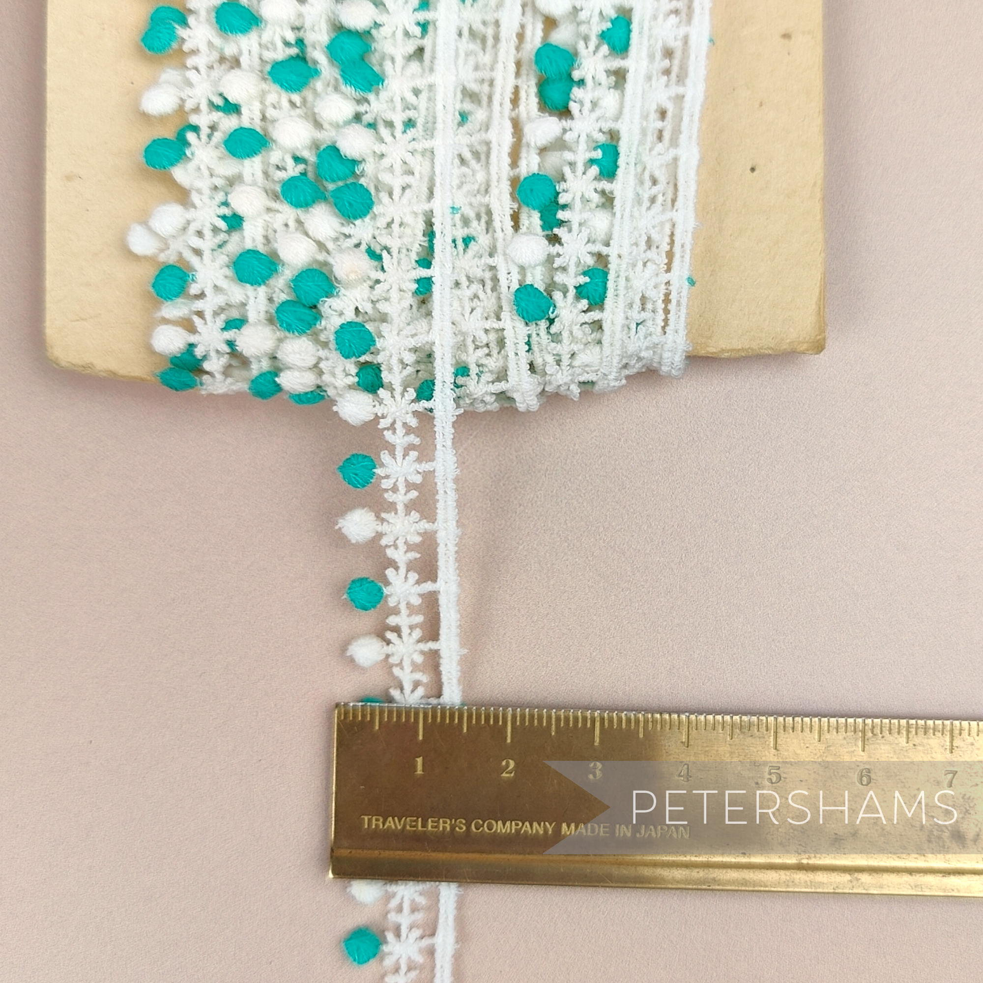Petershams Millinery Supplies vintage 15mm off-white and light jade cotton atomic star guipure lace trim on a spool