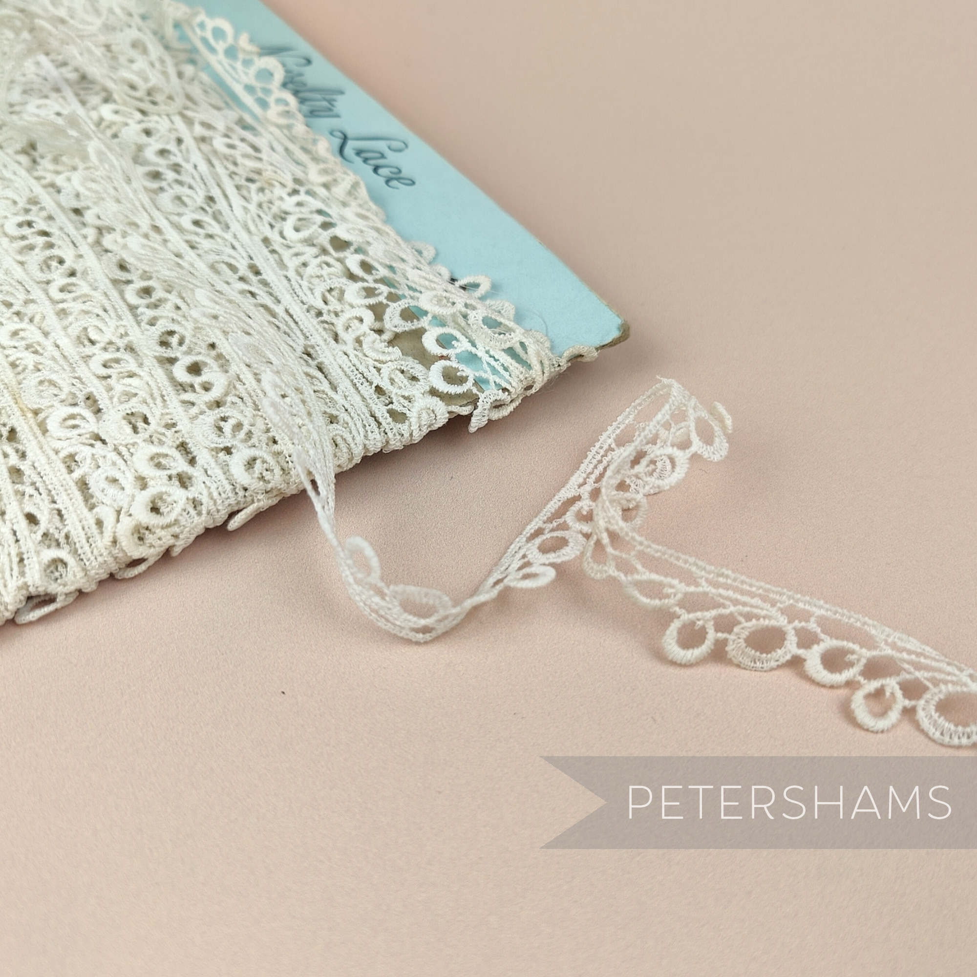 Petershams Millinery Supplies vintage 15mm natural cotton guipure lace trim with a delicate loopy loop design.