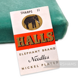 Petershams Millinery Supplies vintage Halls Elephant Brand nickel plated sharps sewing needles size 11 pack