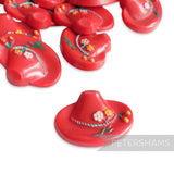 Petershams Millinery Supplies red vintage hat buttons with floral and cherry relief, 1940s/50s style.