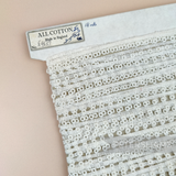 Petershams Millinery Supplies vintage 10mm ivory guipure lace trim with a prized doughnut pattern on a display card.