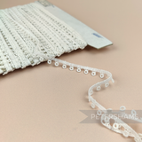 Petershams Millinery Supplies vintage 10mm ivory guipure lace trim with a prized doughnut pattern on a spool.