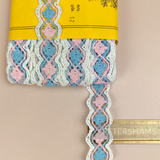 Petershams Millinery Supplies vintage 22mm cotton and nylon trim in pink, blue, and white geometric lace pattern