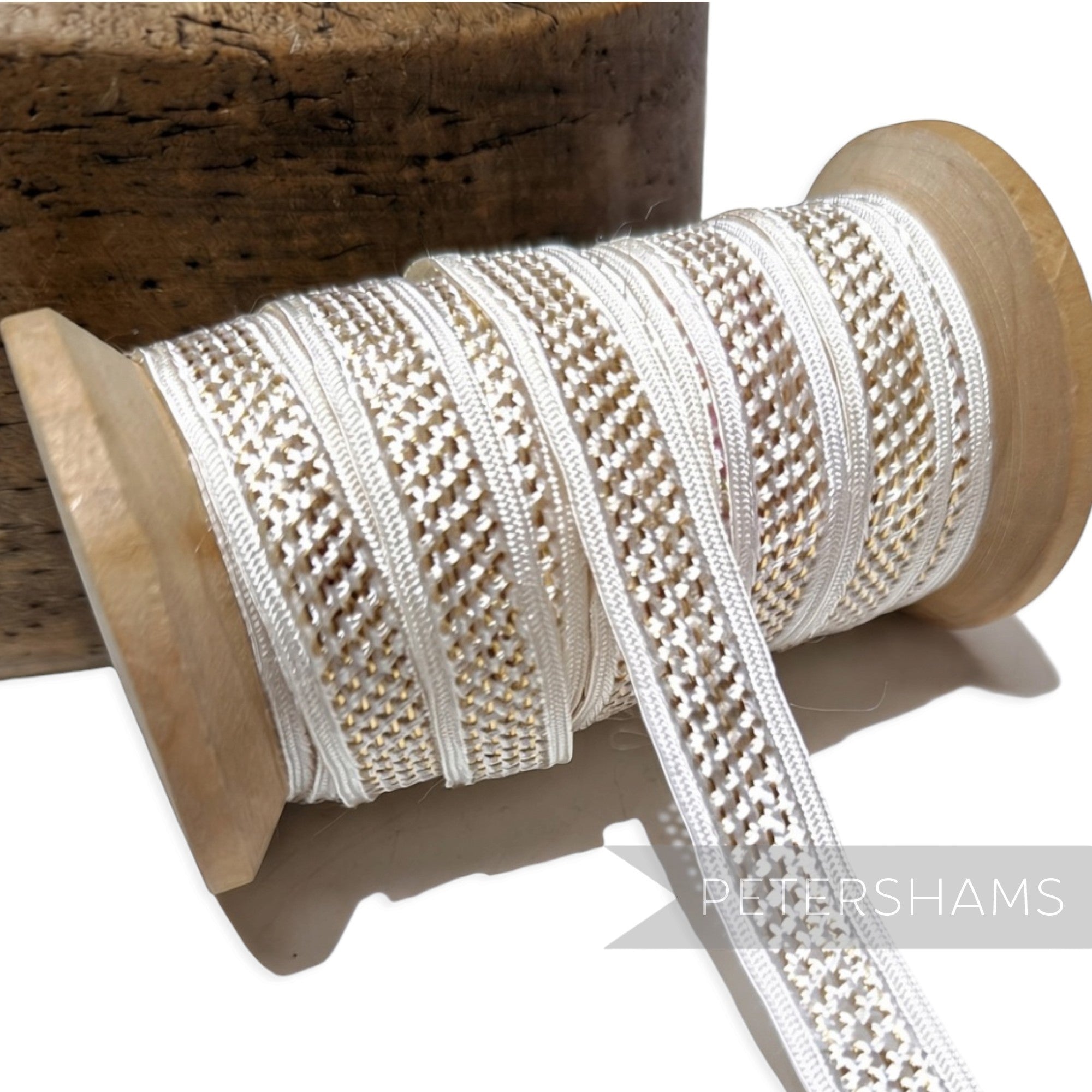 Petershams Millinery Supplies vintage 1940s Nouveaute white and gold lurex lattice insertion trim on a wooden spool