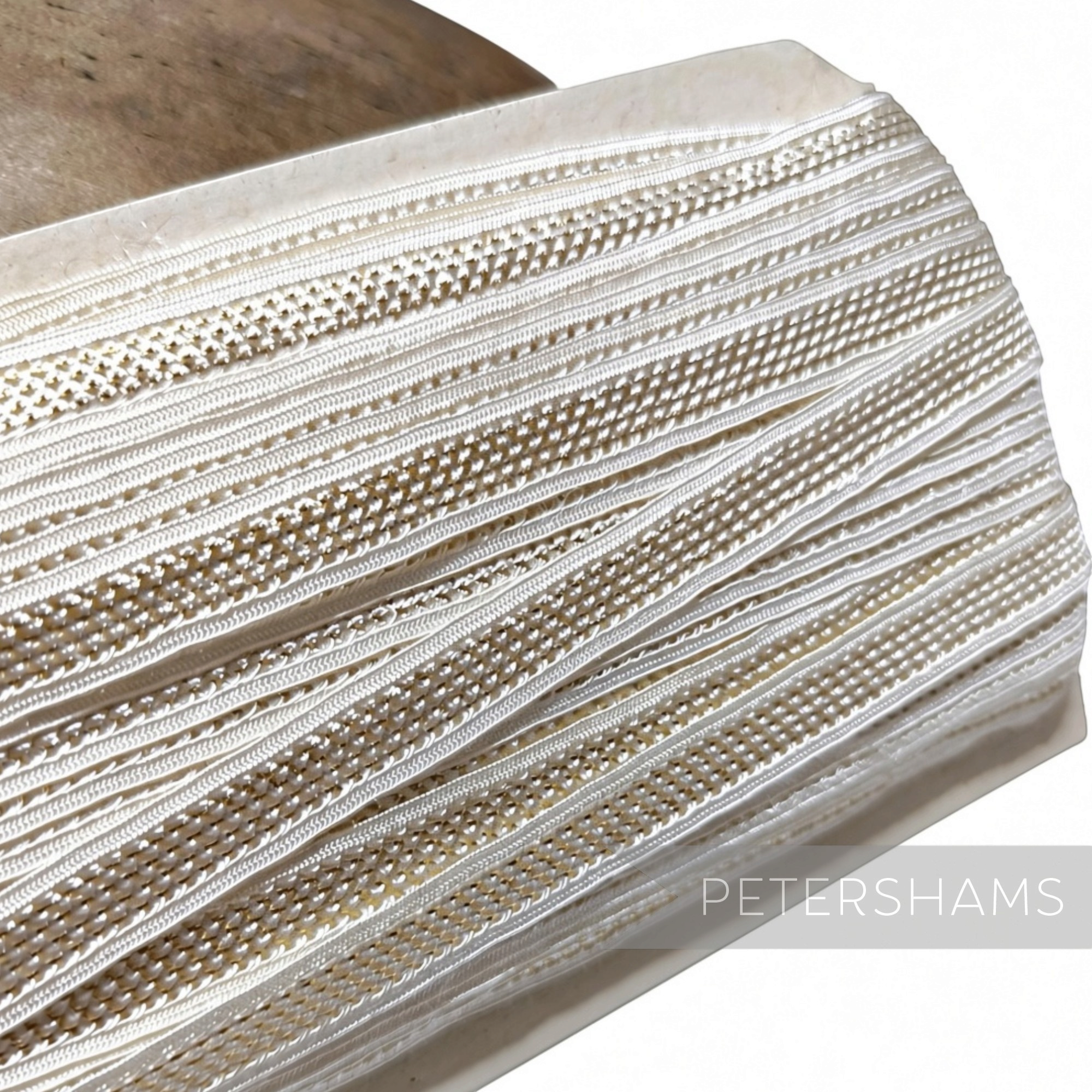 Petershams Millinery Supplies vintage 1940s French Nouveaute white lattice insertion trim with lurex shimmer