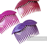 Petershams Millinery Supplies vintage 1980s plastic hair combs in purple and magenta with a layered leaf design.