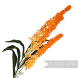 Petershams Millinery Supplies vintage Czech fabric lupini flower with orange and yellow blooms and green wired leaves.