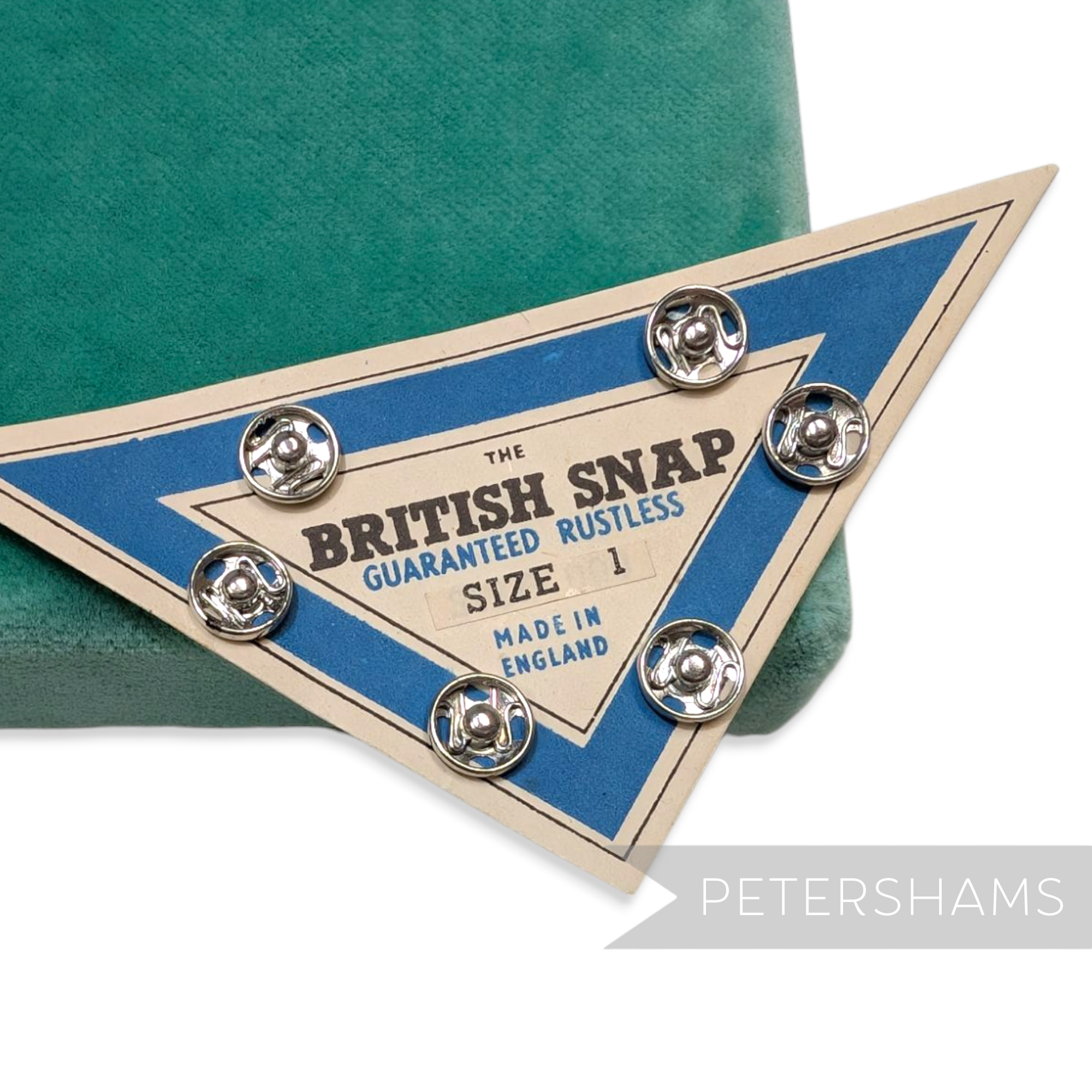 Petershams Millinery Supplies vintage 1950s The British Snap metal fasteners on a triangular display card
