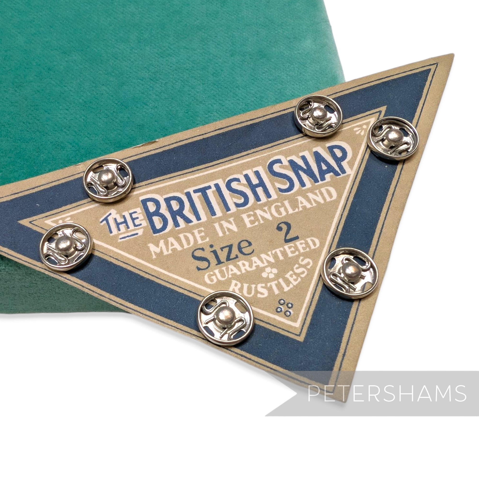 Petershams Millinery Supplies vintage 1950s British Snap metal fasteners on a triangular display card