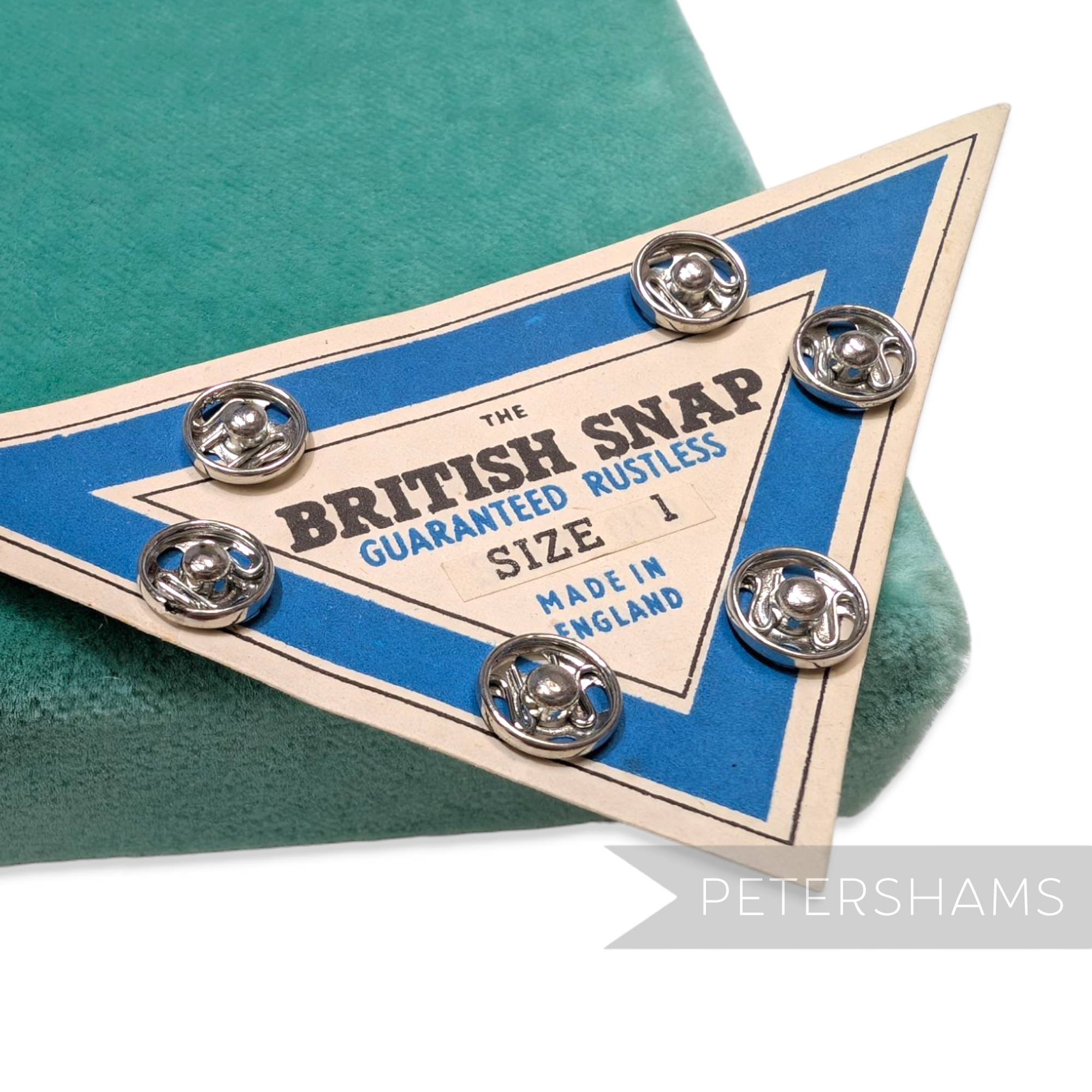 Petershams Millinery Supplies vintage 1950s British Snap metal fasteners on a triangular display card