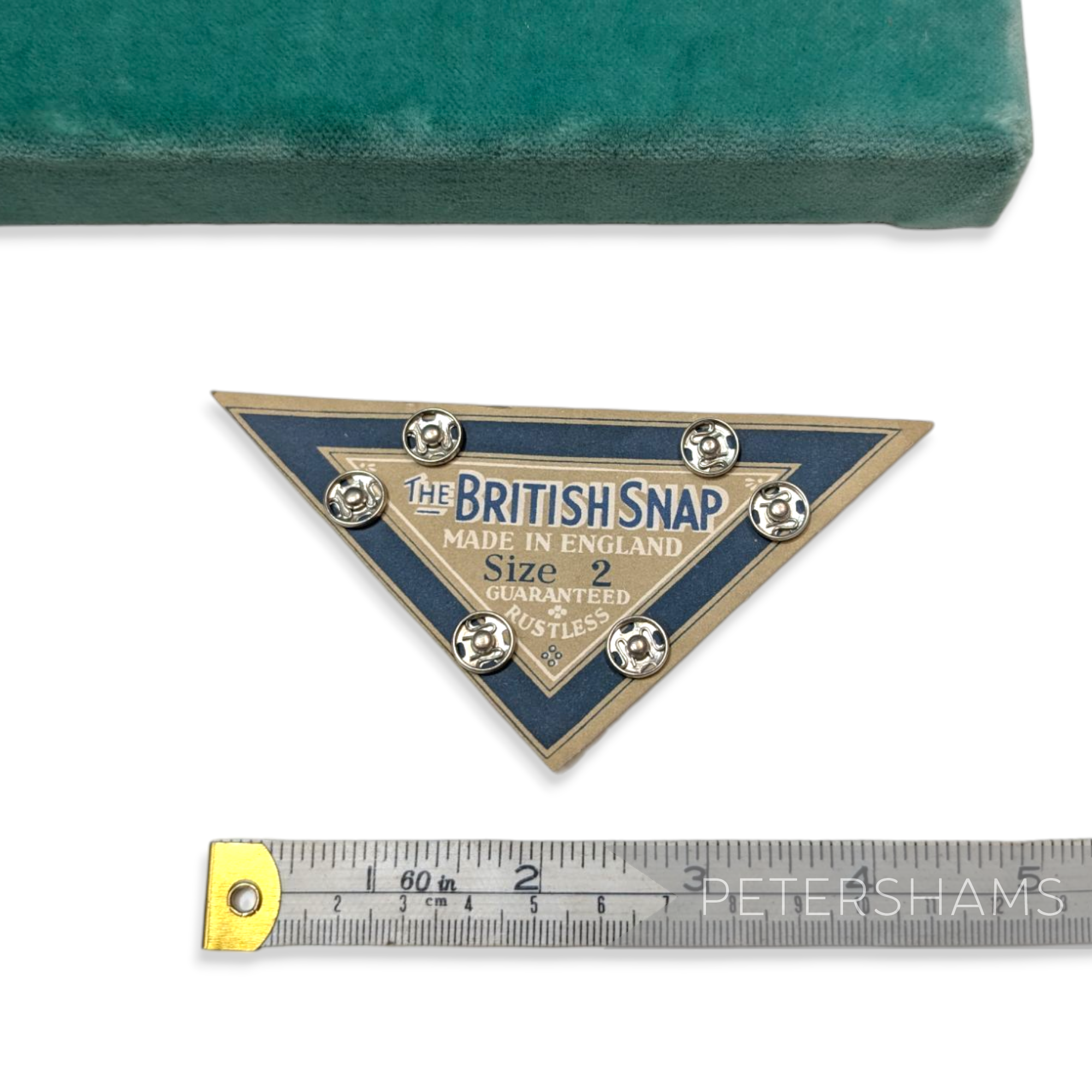 Petershams Millinery Supplies vintage 1950s The British Snap metal fasteners on a triangular display card
