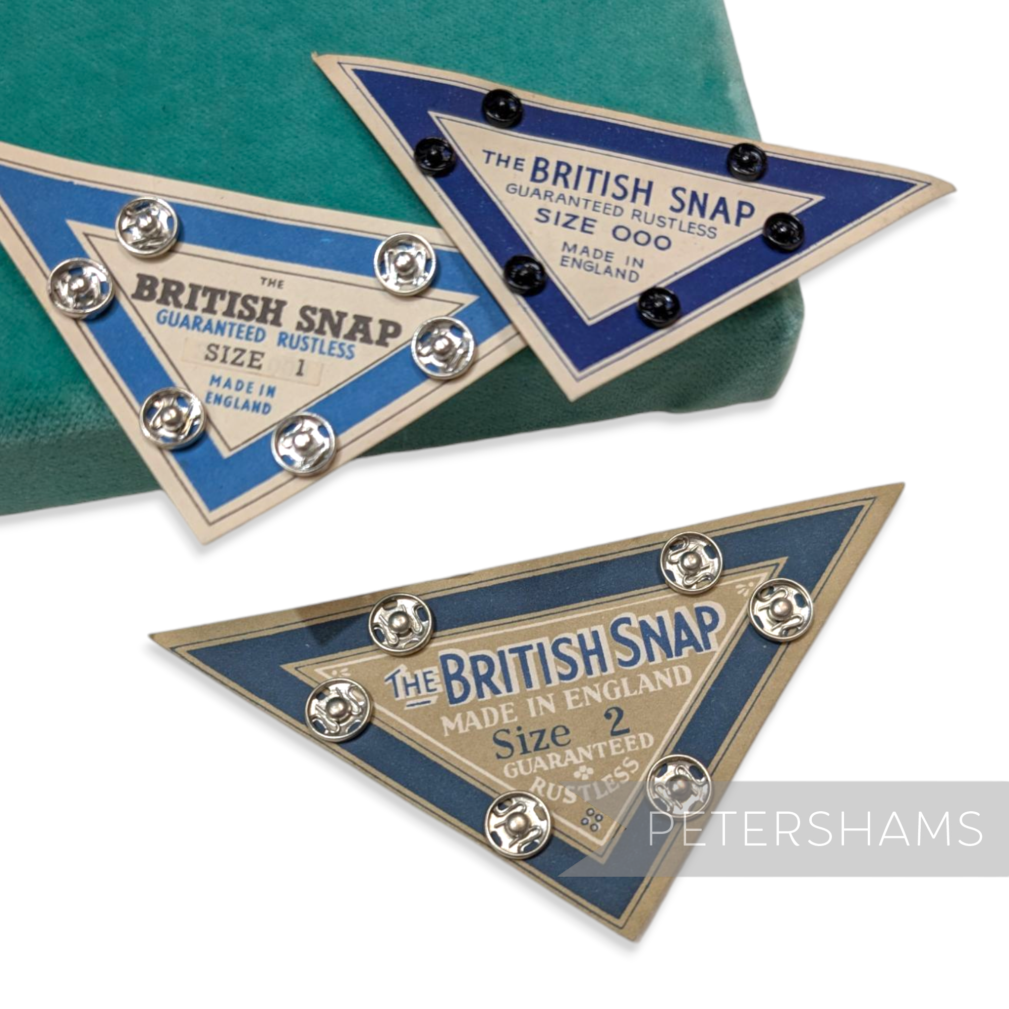 Petershams Millinery Supplies vintage 1950s The British Snap metal fasteners on triangular cards in three sizes