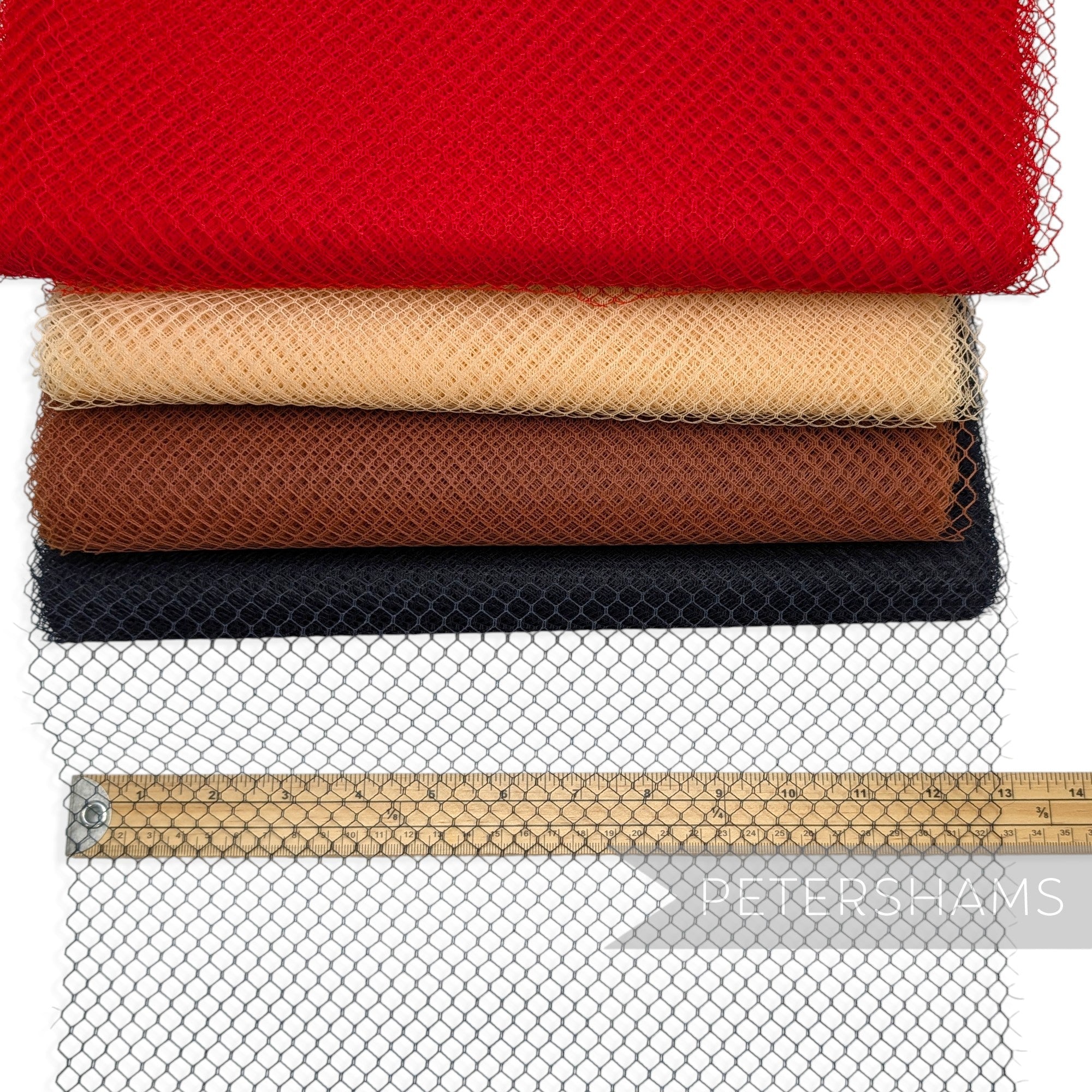 Petershams Millinery Supplies vintage nylon veiling in red, beige, brown, and black with a measuring tape for scale.