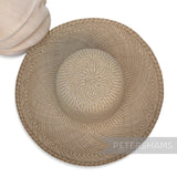 Petershams Millinery Supplies vintage Ecuador Panama straw capeline hat body in sage and natural weave, top view.