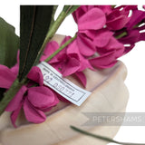 Petershams Millinery Supplies vintage Czech fabric lupini flower in vibrant pink with green leaves and original tag.