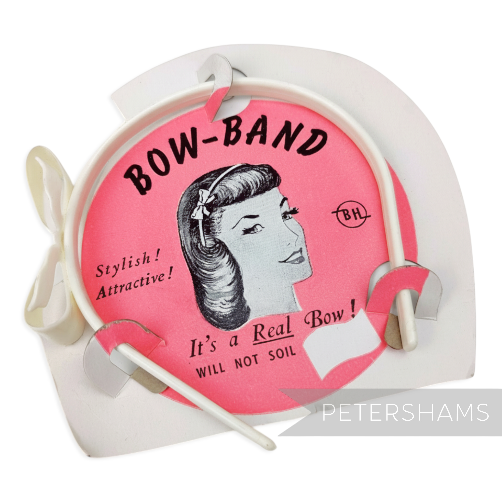 Petershams Millinery Supplies vintage 1950s white plastic headband with a small bow detail on card packaging.