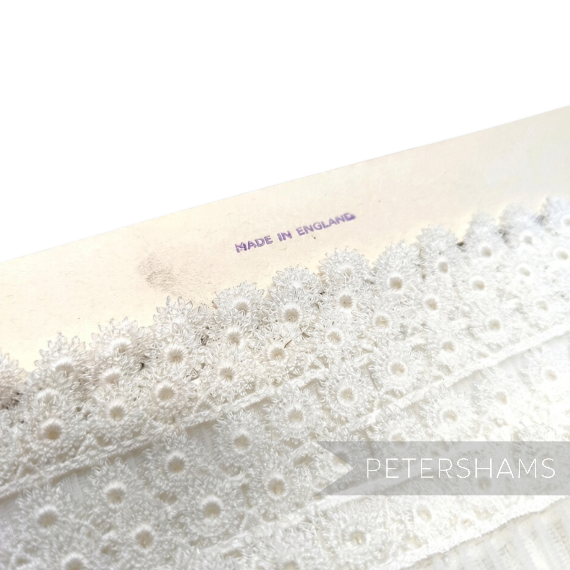 Petershams Millinery Supplies vintage 1950s white pleated synthetic trim with circular guipure lace edge