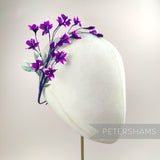 Petershams Millinery Supplies vintage 1980s purple blossom spray on a millinery head form