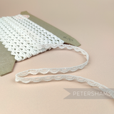 Petershams Millinery Supplies vintage 10mm off-white cotton guipure lace trim with a delicate scalloped edge.