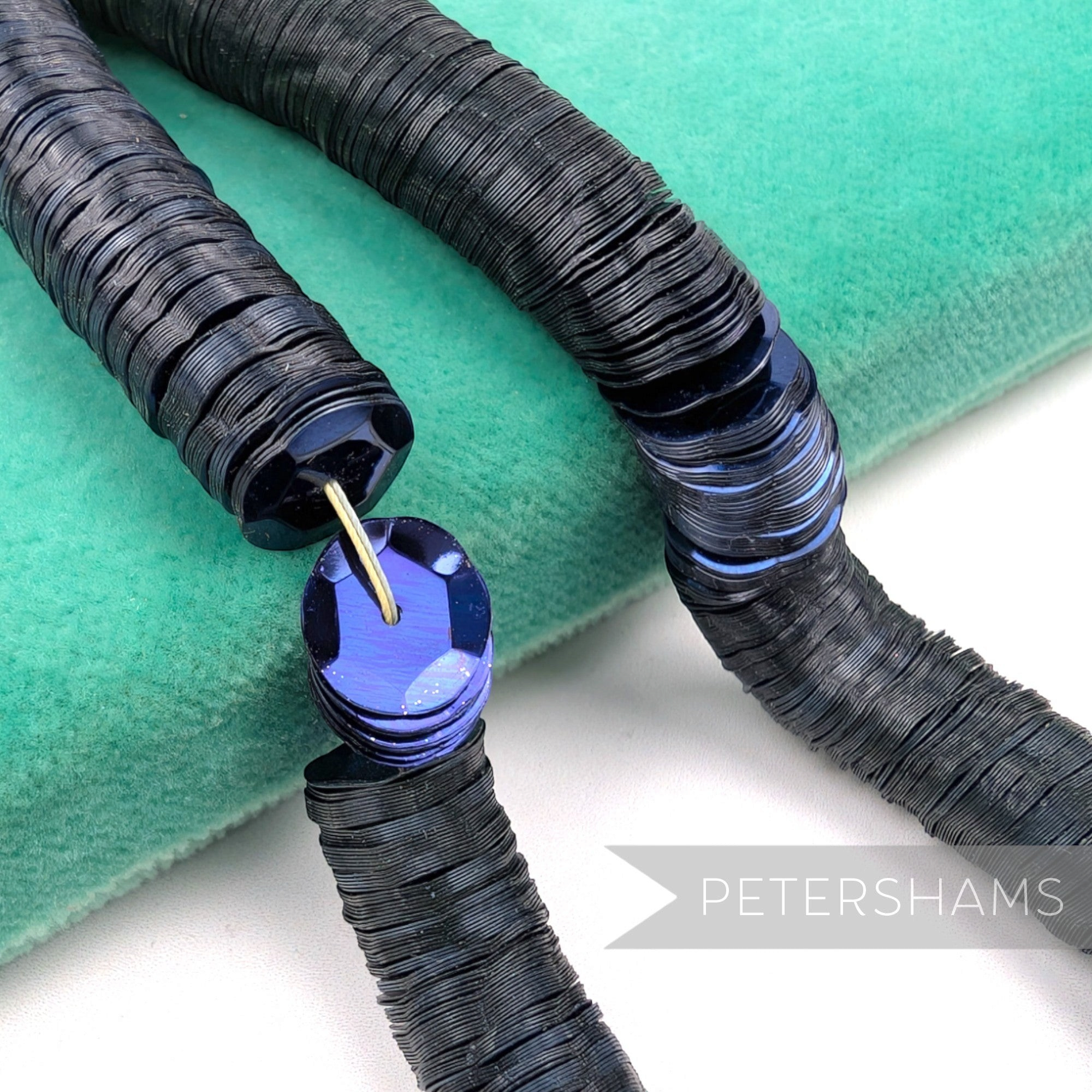 Petershams Millinery Supplies vintage 10mm cupped black and blue French sequin embroidery worm strings