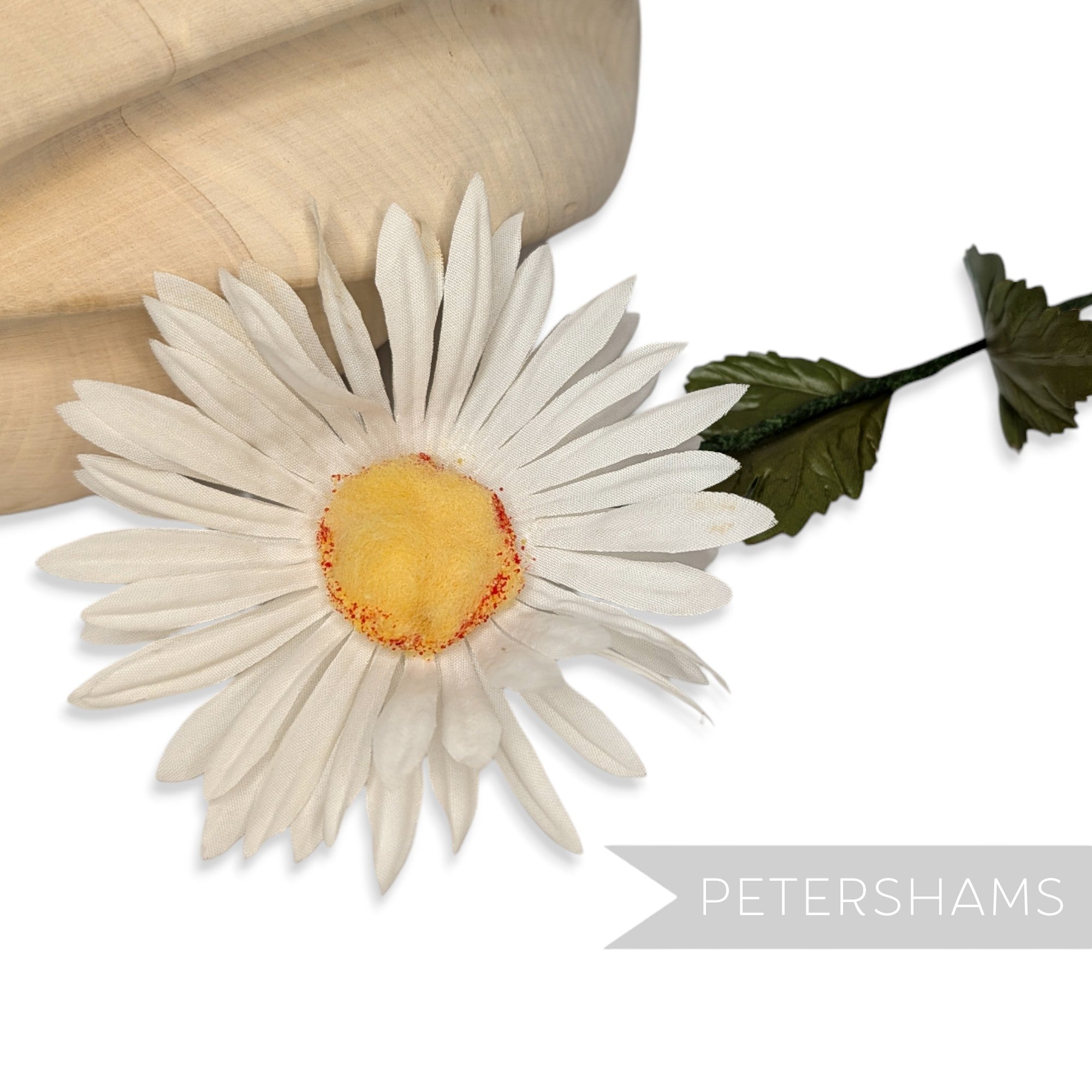 Petershams Millinery Supplies vintage 1950s silk daisy flower with fuzzy yellow center and green wired stem