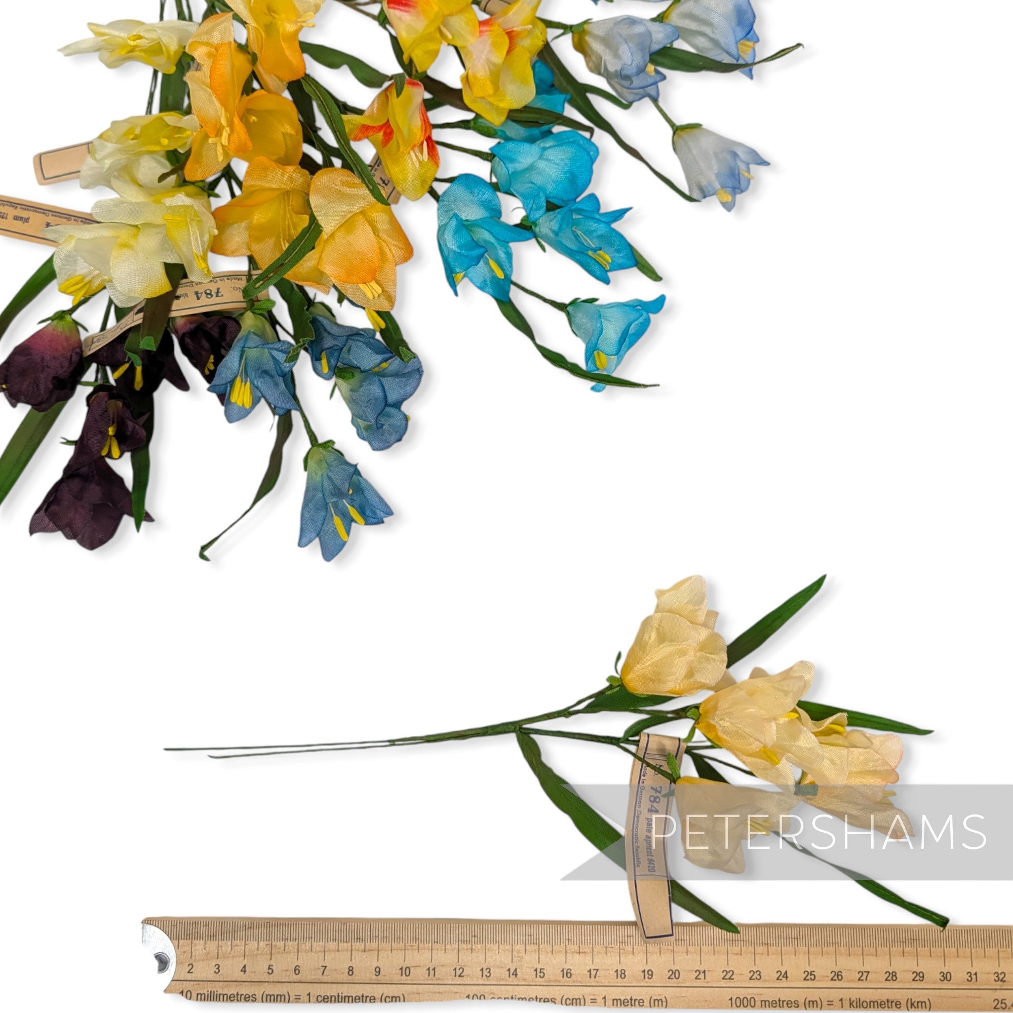 Petershams Millinery Supplies vintage 1960s German silk freesia flower mount with wired stems in yellow and blue
