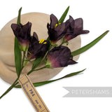 Petershams Millinery Supplies vintage 1960s German silk freesia flower mount in dark plum with wired stems