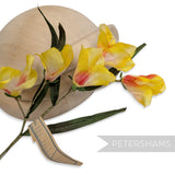 Petershams Millinery Supplies vintage 1960s German silk freesia flower mount with yellow blossoms and green leaves.