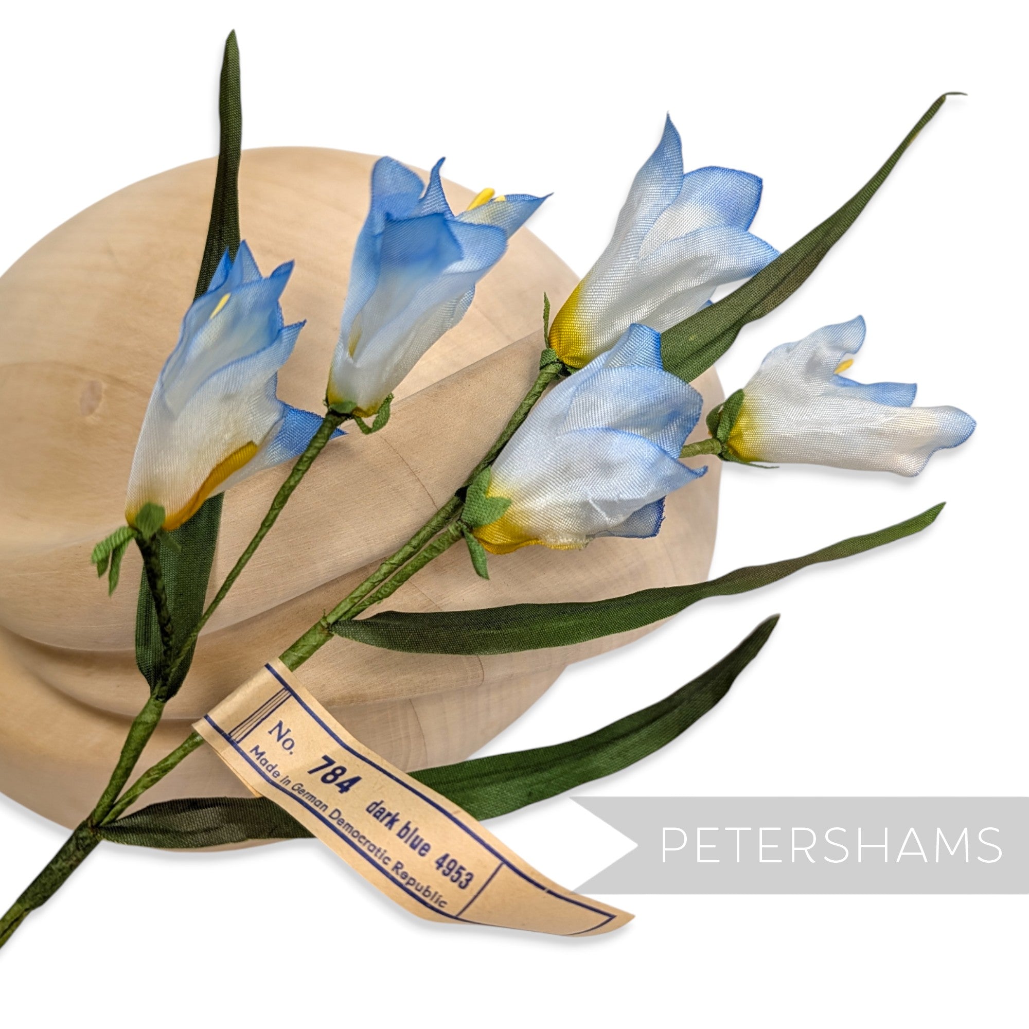 Petershams Millinery Supplies vintage 1960s German silk freesia flower mount in blue and white with wired stems.