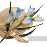 Petershams Millinery Supplies vintage 1960s German silk freesia flower mount in blue and white with wired stems.