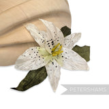 Petershams Millinery Supplies vintage silk lily flower hat mount with hand-painted spots and green paper mesh leaves.