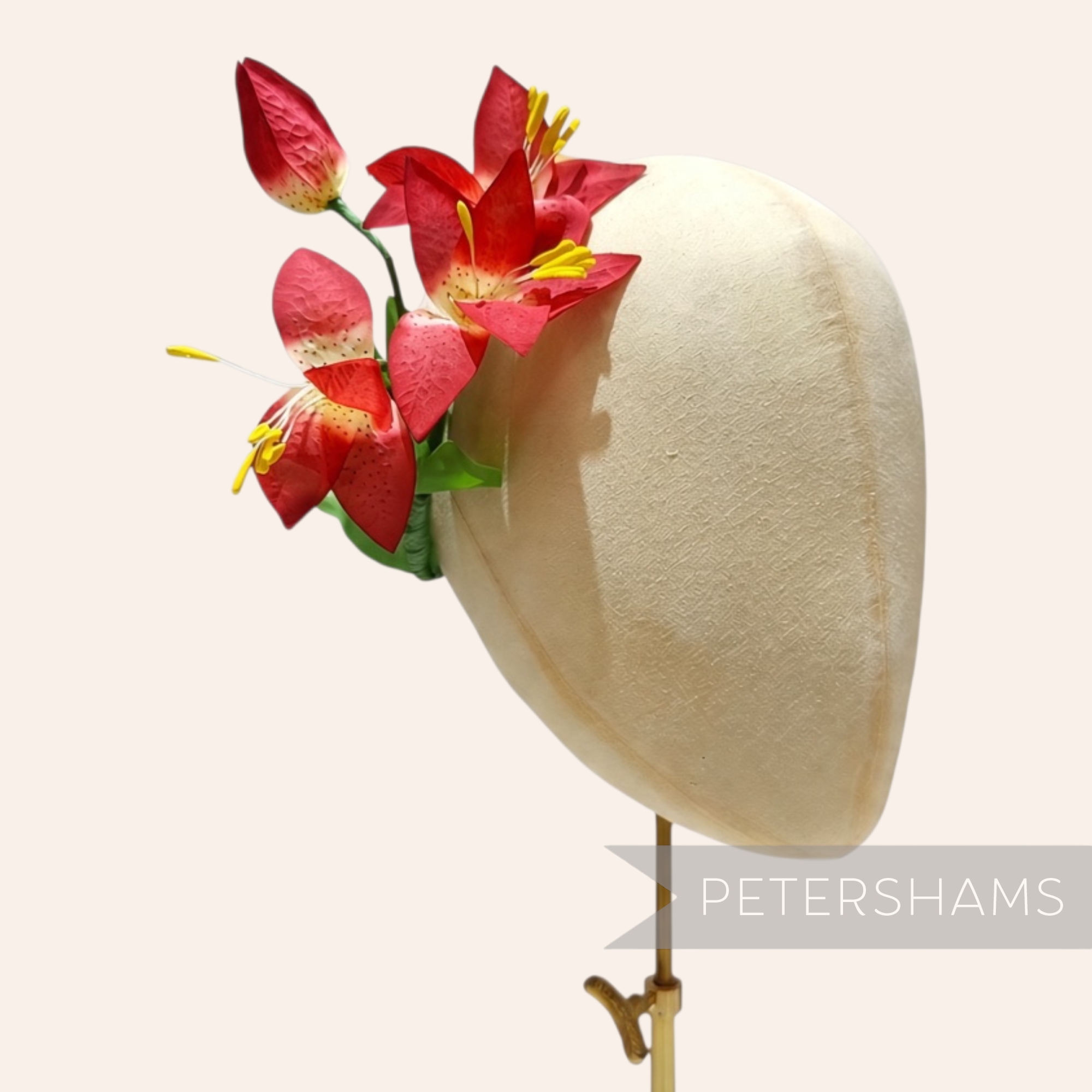 Petershams Millinery Supplies vintage 1950s silk lily flower millinery mount with red petals and long yellow stamens