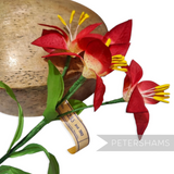 Petershams Millinery Supplies vintage 1950s silk lily flower spray with red petals, yellow stamens, and green leaves.